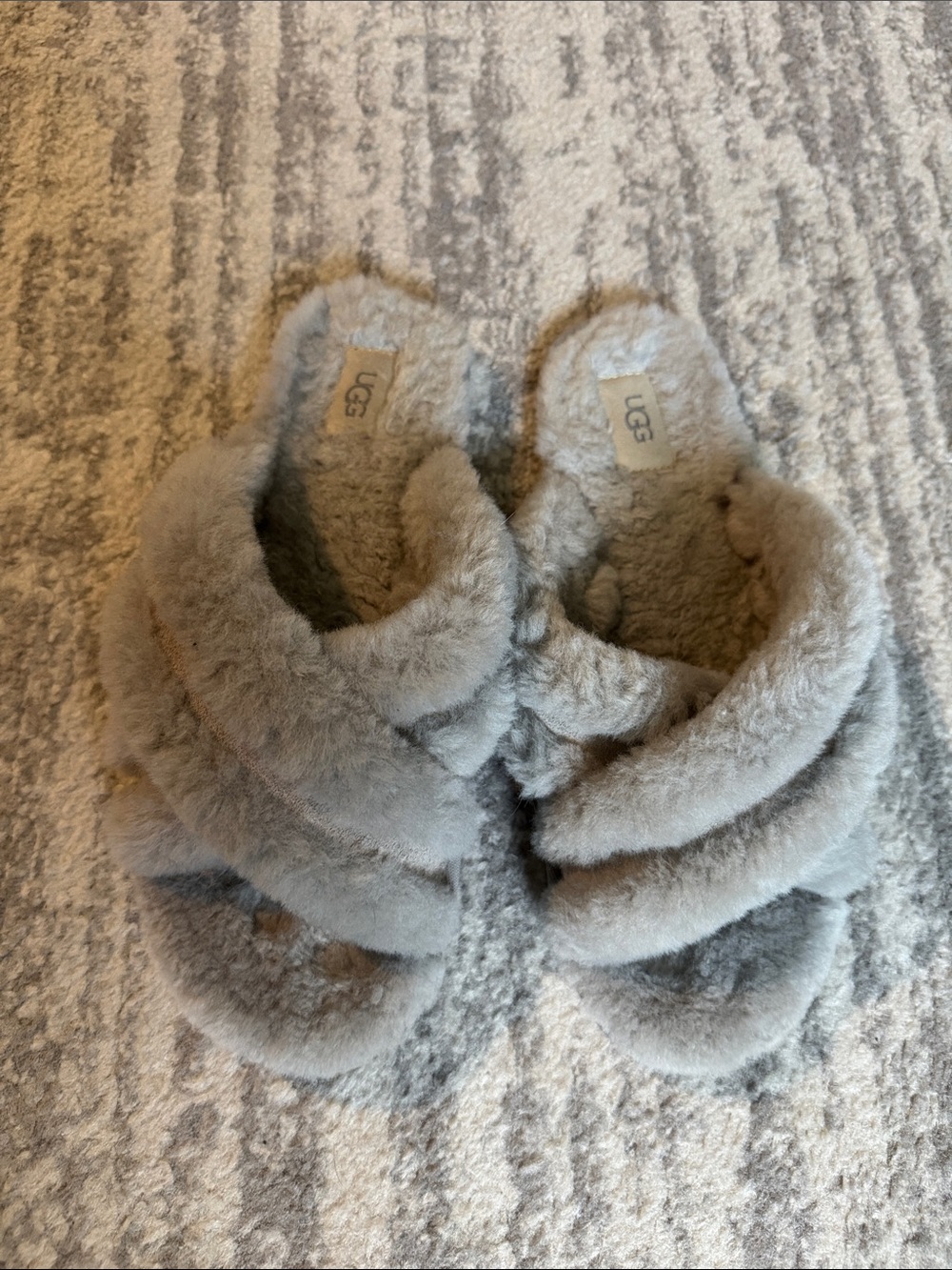 UGG Women's Grey Fluffy Crisscross Slide Slippers